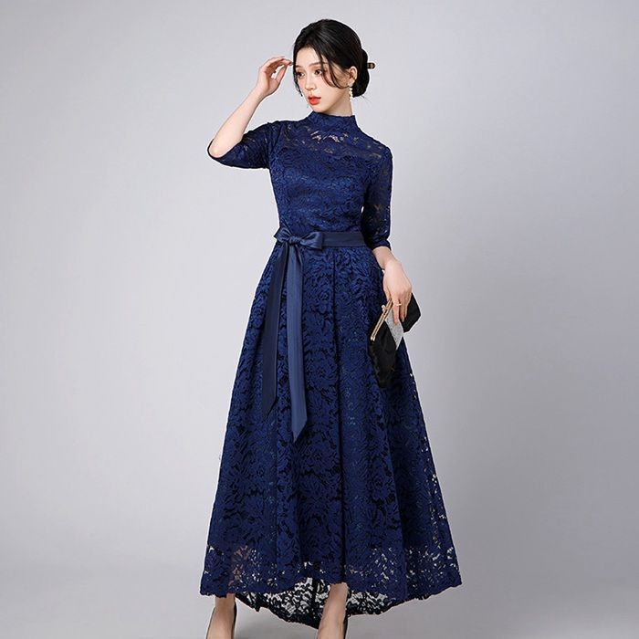総レース パーティードレス レディース ロング丈 ハイネック フォーマル レース袖 七分袖 袖あり お呼ばれ 春夏 大きいサイズ