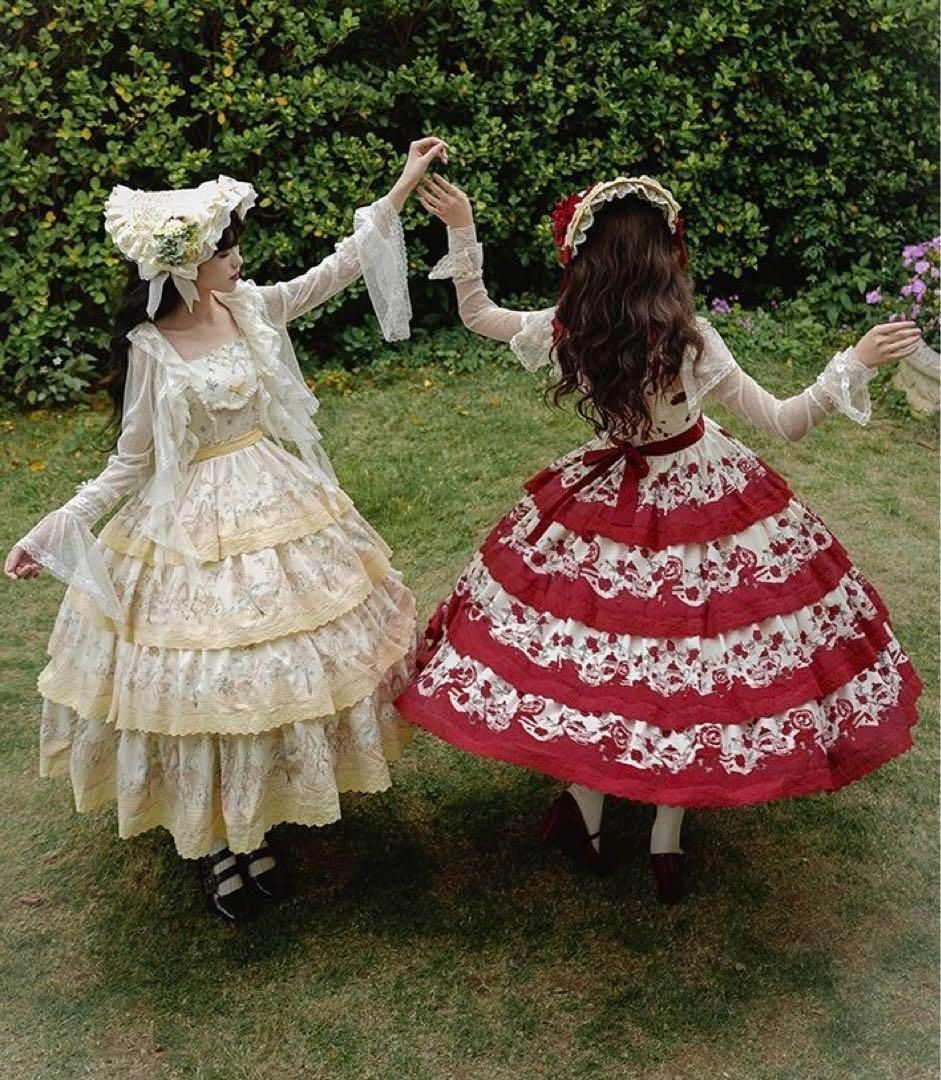 手紙と詩☆朝花夕拾】田園プリント刺繍四段振りjsk ロリータ