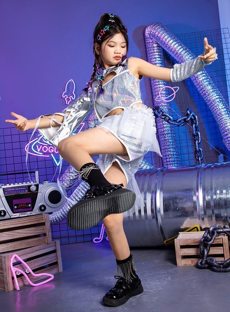 スパンコール シルバー キッズ ダンス衣装 ヒップホップ 子供 セットアップ 子供服 チアガール ジャズ ダンス衣装 パンツセット 女の子 チ