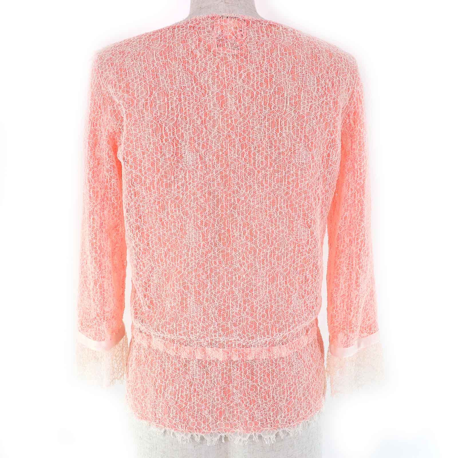 美品△CHANEL シャネル P38256 ココマークボタン リボンベルト 総レース カーディガン ボレロ サーモンピンク ホワイト 36 イタリア製 美品△CHANEL シャネル P38256 ココマークボタン リボンベルト