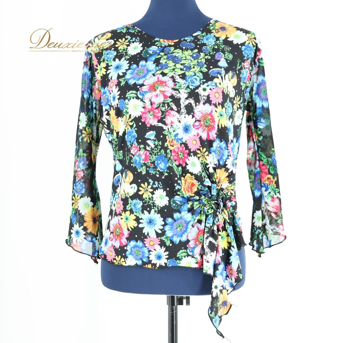 【美品 フラメンコ衣装】鮮やかイエロー×薔薇柄 ブラウス シージョ トップス 社交ダンス 衣装 スタンダード トップス ブラウス ブラック系 花
