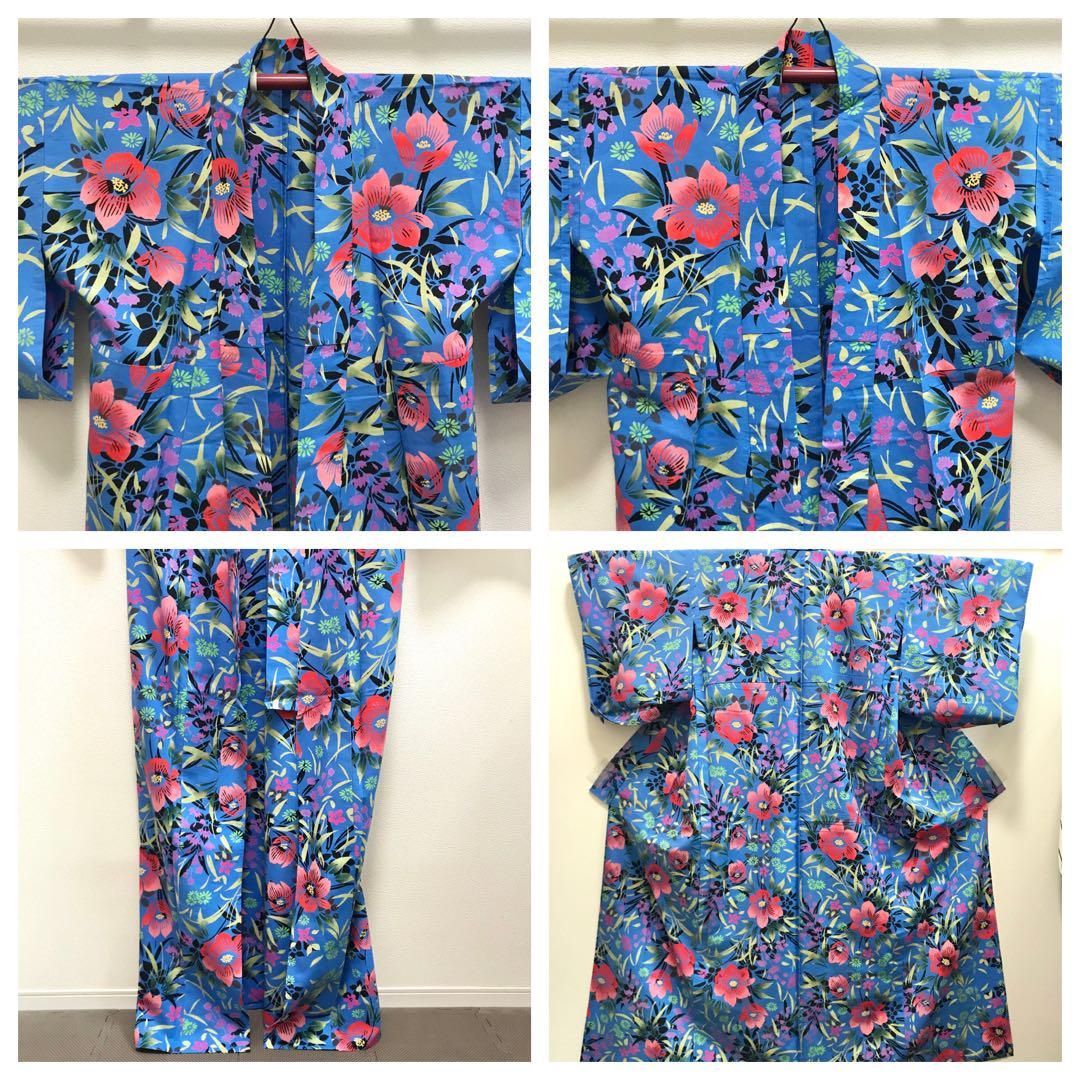 浴衣]美品 綿 青色地 花模様 たんぽぽ 祭り 花火 リサイクル着物