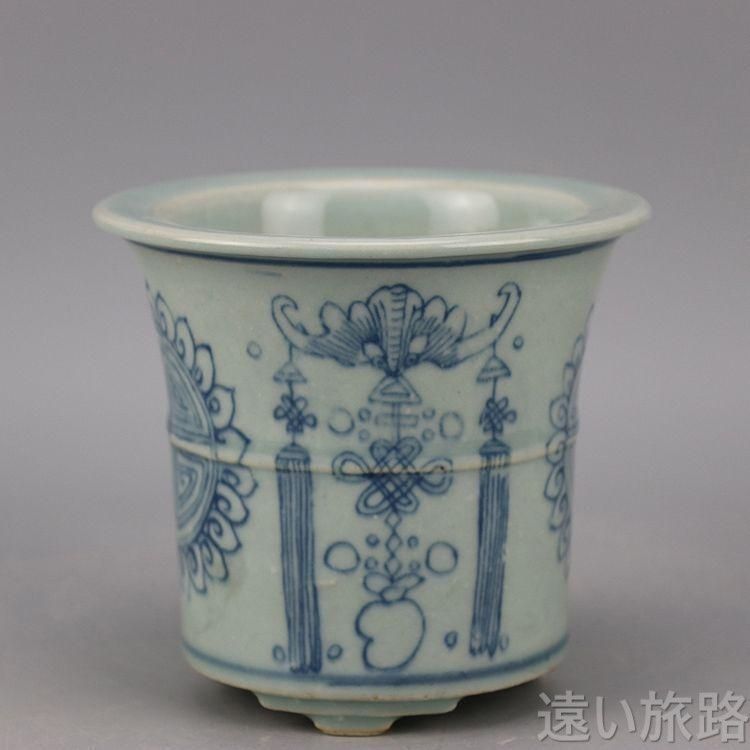 青花福寿紋三本足の鉢 盆栽鉢 植木鉢 小品盆栽鉢 大品盆栽鉢