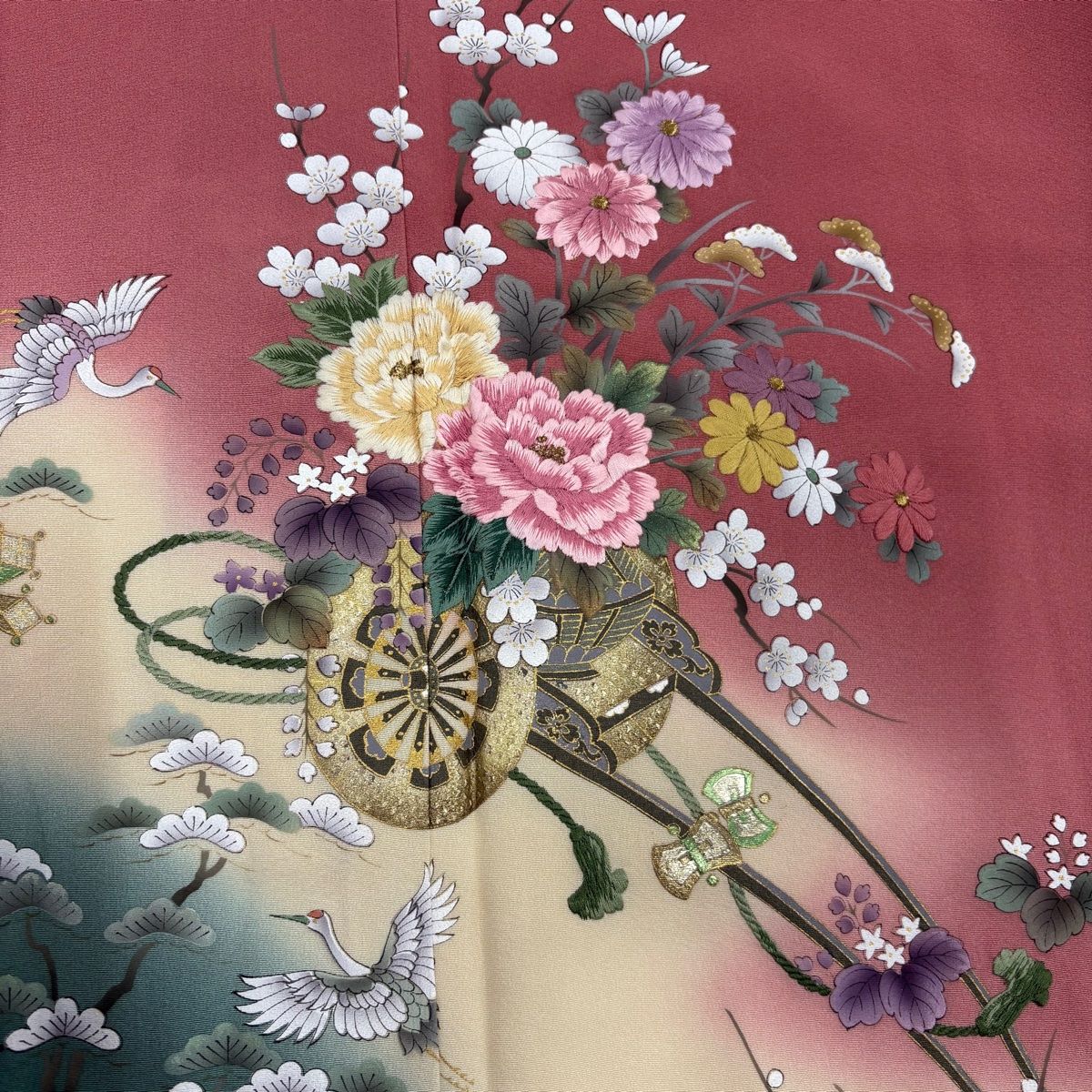 付け下げ 正絹 松竹梅 枝垂れ桜 花輪 広衿 袷 着物 U-109 銀座【B-3266】付下げ 蜂蜜色 枝垂れ桜に扇子の図 - 銀座きもの