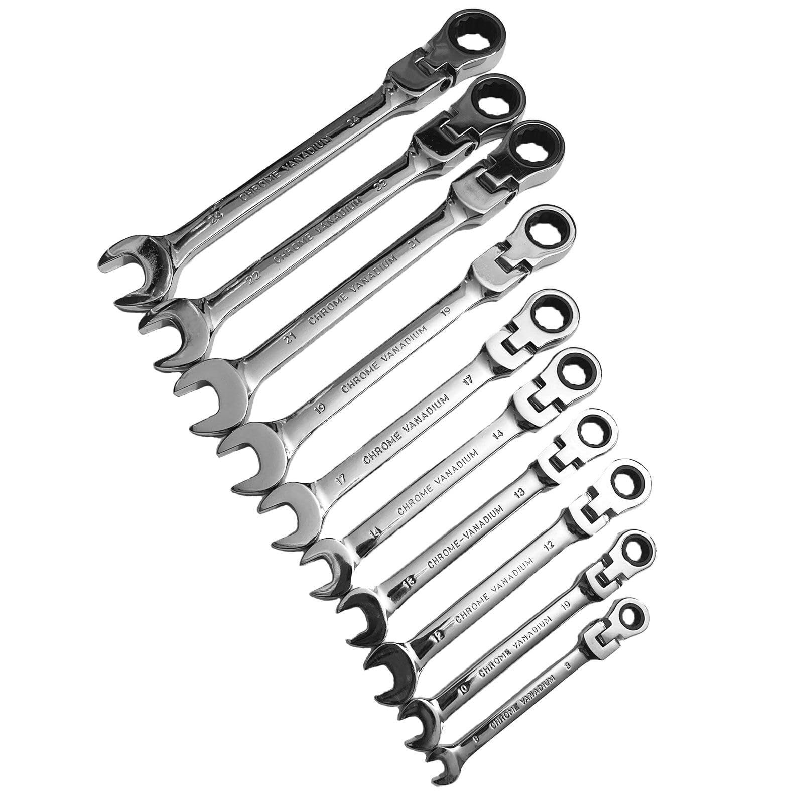 10本セット 8㎜10㎜12㎜13㎜14㎜17㎜19㎜ 21㎜22㎜24㎜ 8-24㎜ 首振りラチェットレンチ ギアレンチ めがねコンビネーションスパナ 板ラチェット 角度調整可 工具 整備 メンテナンス 作業 DIY 10本ｾｯﾄ 8㎜10㎜12㎜13㎜