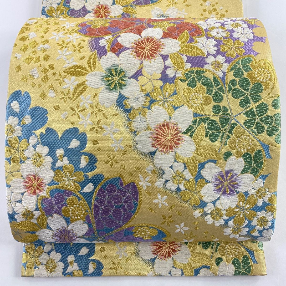 袋帯 六通 曲線 色紙散らし 25M105f 袋帯 美品 名品 箔散らし 幾何学模様 金銀糸 灰色 六通 正絹