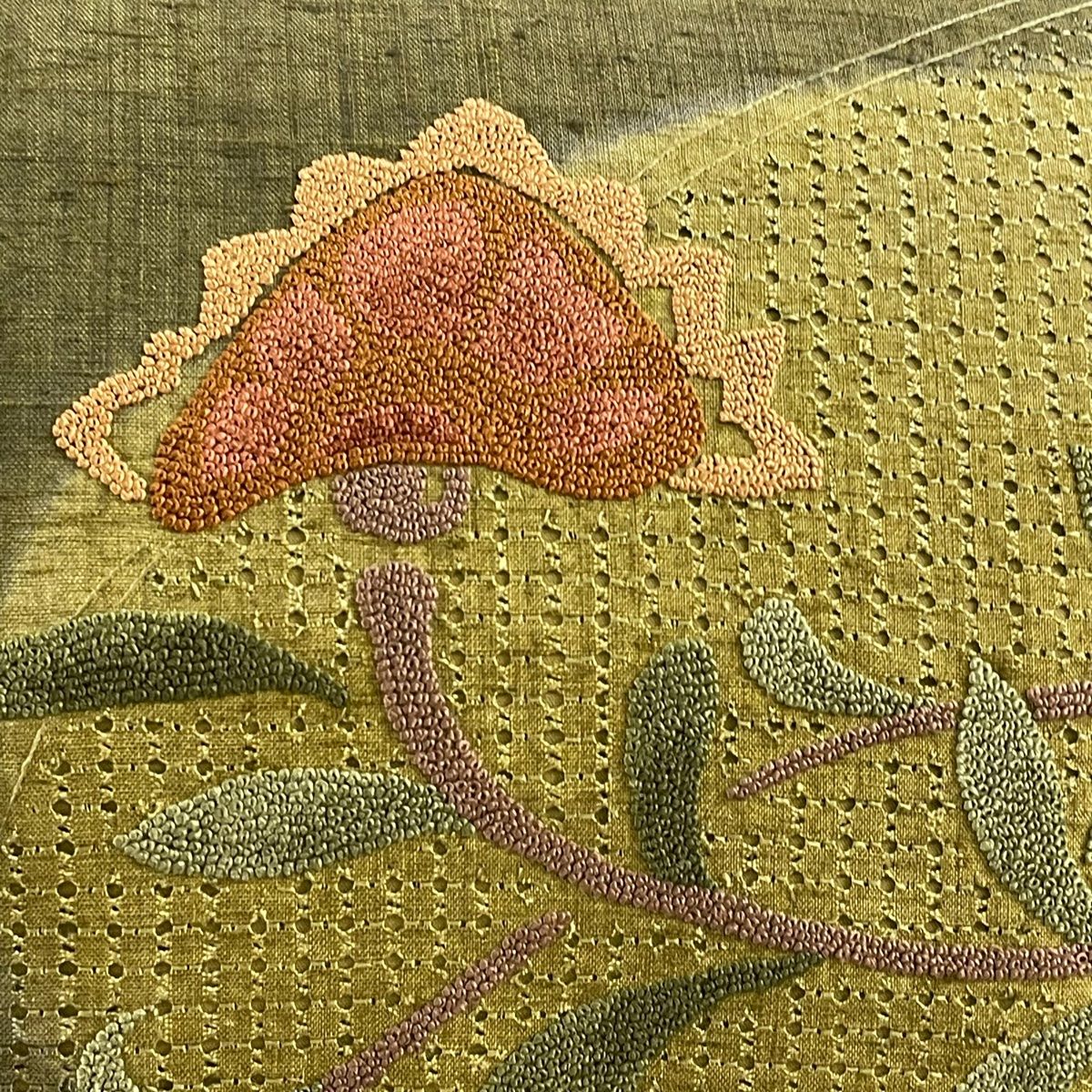 大阪買い 名古屋帯 美品 秀品 紬地 草花 幾何学 相良刺繍 汕頭