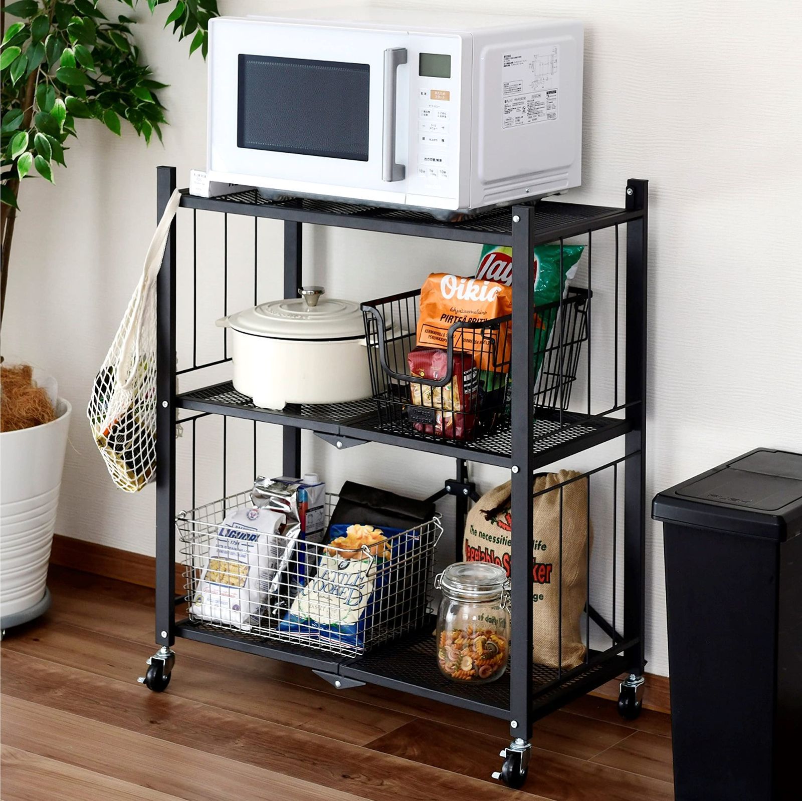 新着商品 折りたたみ すぐに使える 本体完成品 キャスターを付けるだけ 全体耐荷重45㎏ ラック 3段 幅71.5×奥行37×高さ86㎝ 棚 山善 シェルフ ブラック LIS-3 BK