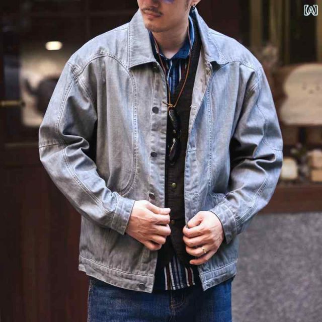 海外ファッション通販。 秋冬 コーデ メンズ 服 シンプル ファッション オシャレ 大人 かっこいい 大きいサイズ ストリート 紳士服 アメリカン レトロ ウォッシュ デニム ジャケット カジュアル ハンティング ジャケット