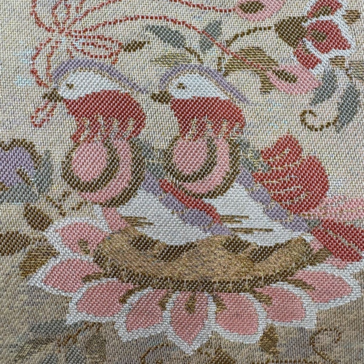 名古屋帯 美品 優品 関西仕立て 草花 花喰い鳥 金糸 箔 金色