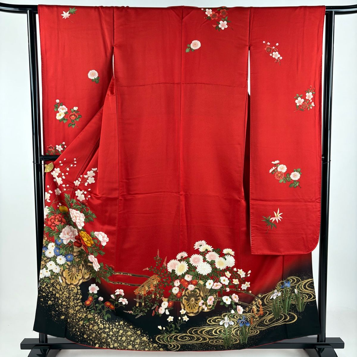 振袖 身丈158cm 裄丈64cm M 袷 花車 牡丹 金彩 染め分け 赤 正絹 秀品