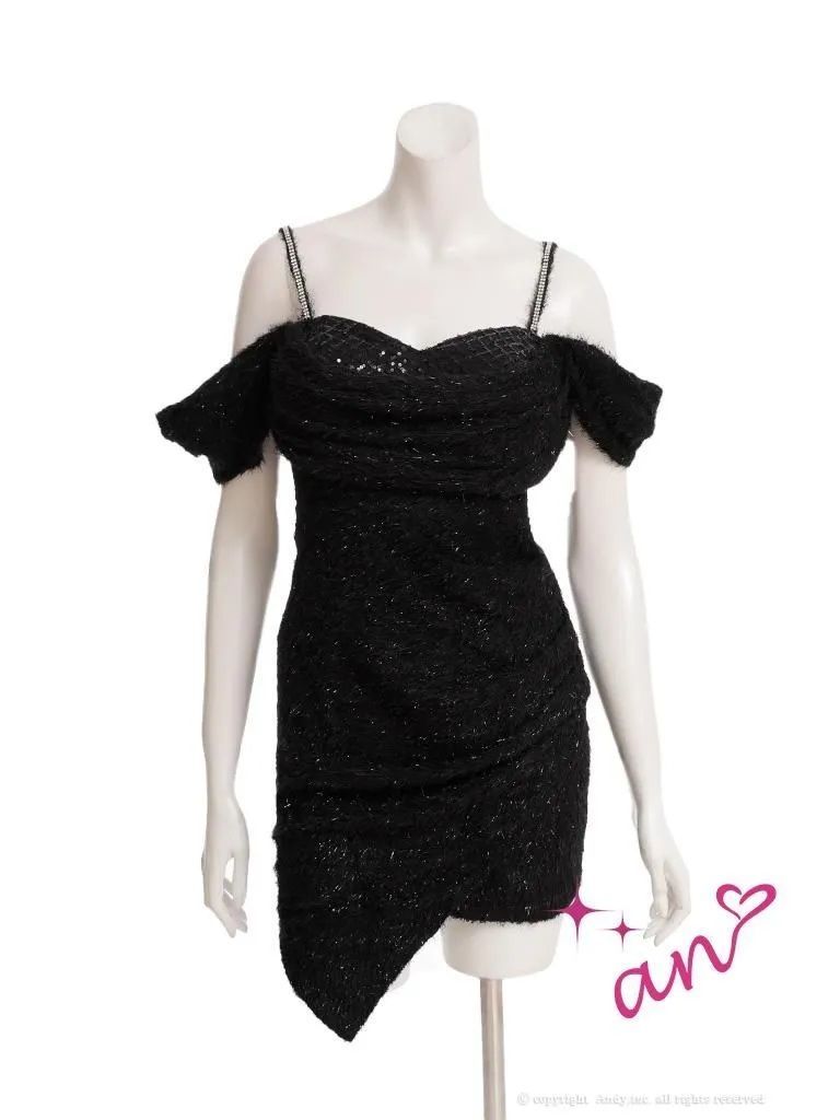 Sブラック OF05 AOC3988-W-2510 an アン シャギー オフショル 2way スパンコール ラインストーン キャミ アシンメトリー タイト ミニドレス キャバドレス