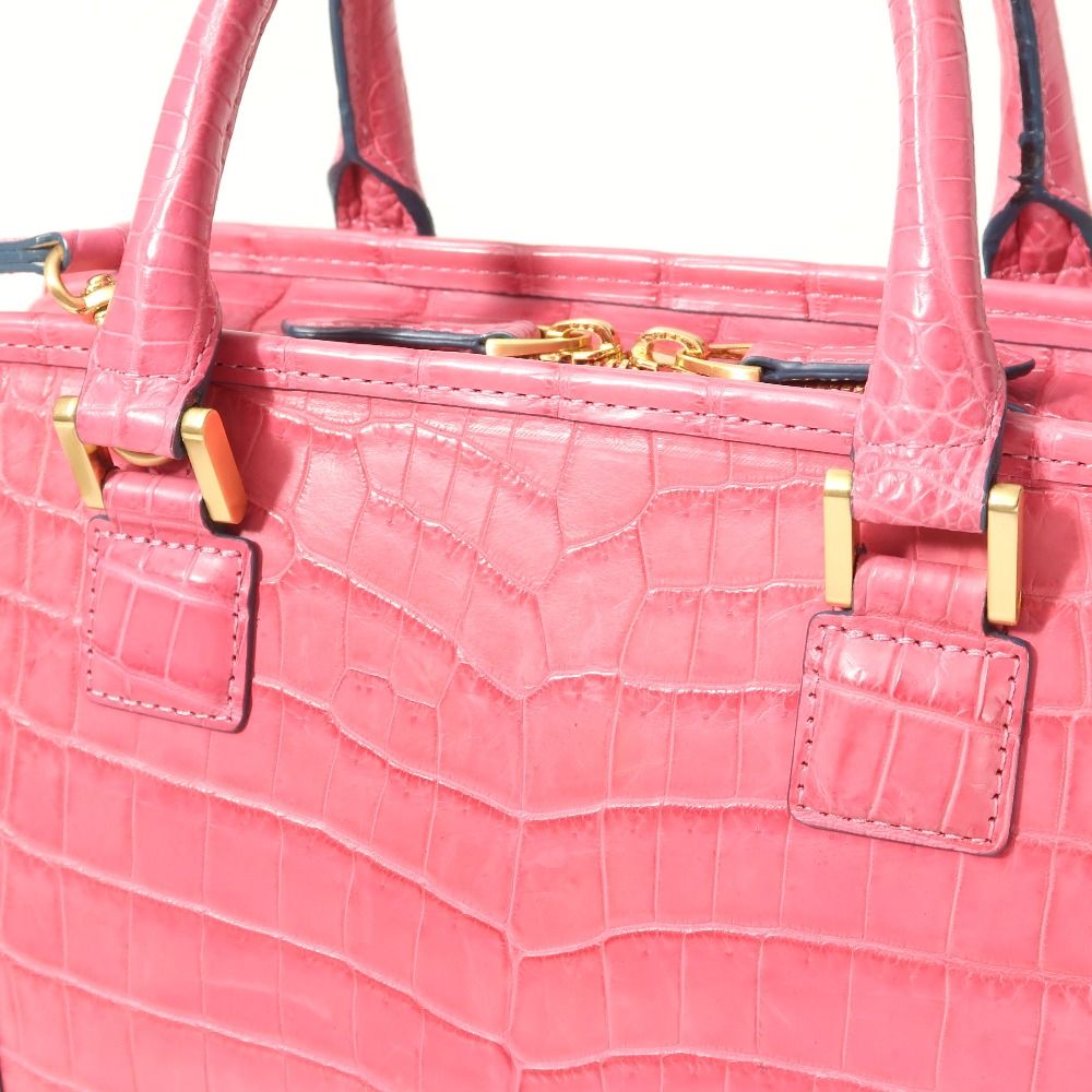 【美品】カイマンクロコ /ピンク系色/センター取り/ハンドバッグ □美品□CROCODILE クロコダイル ハンドバッグ 2WAY マット