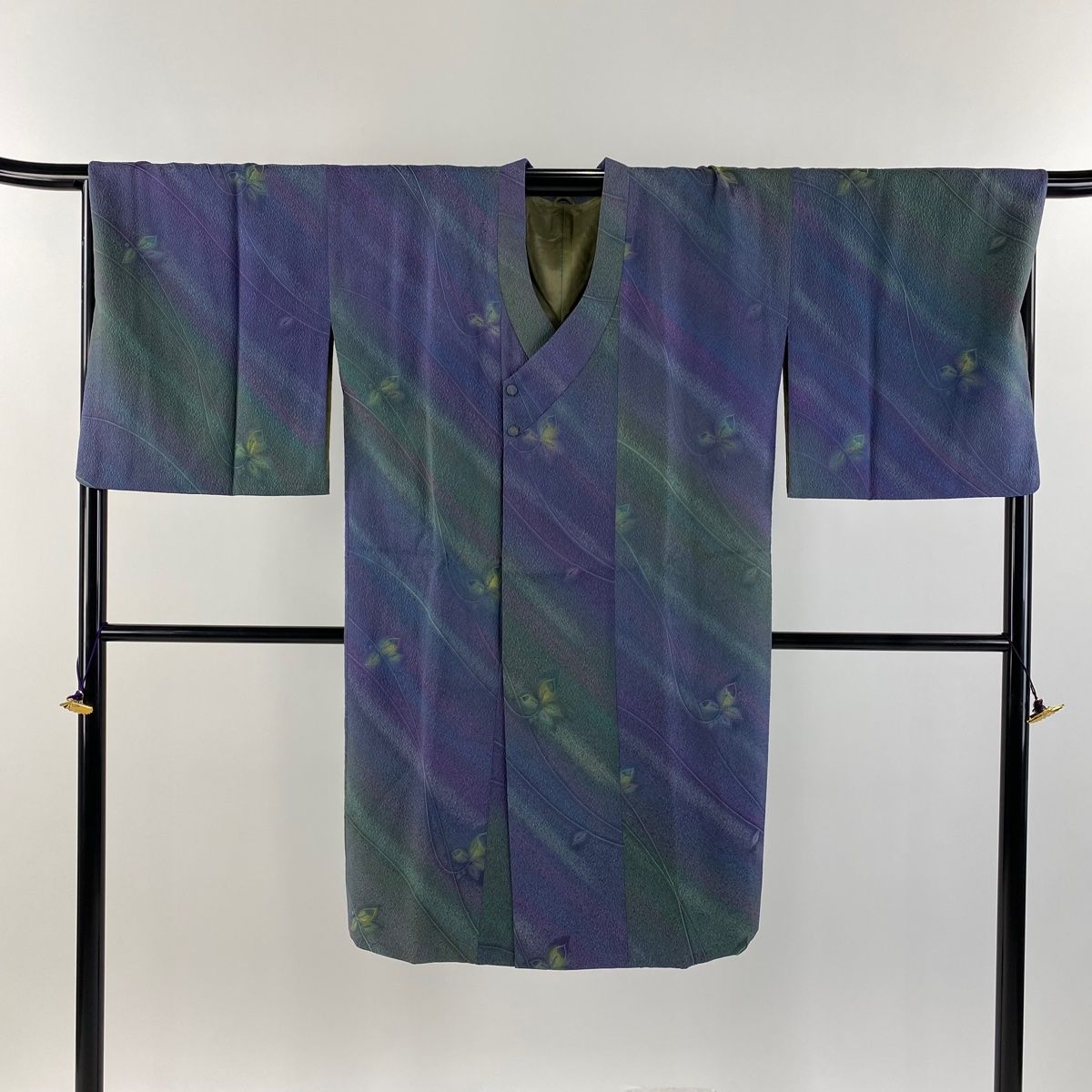 道行 身丈110cm 裄丈69cm L 和装コート 千代田衿 落款 葉柄 斜縞  