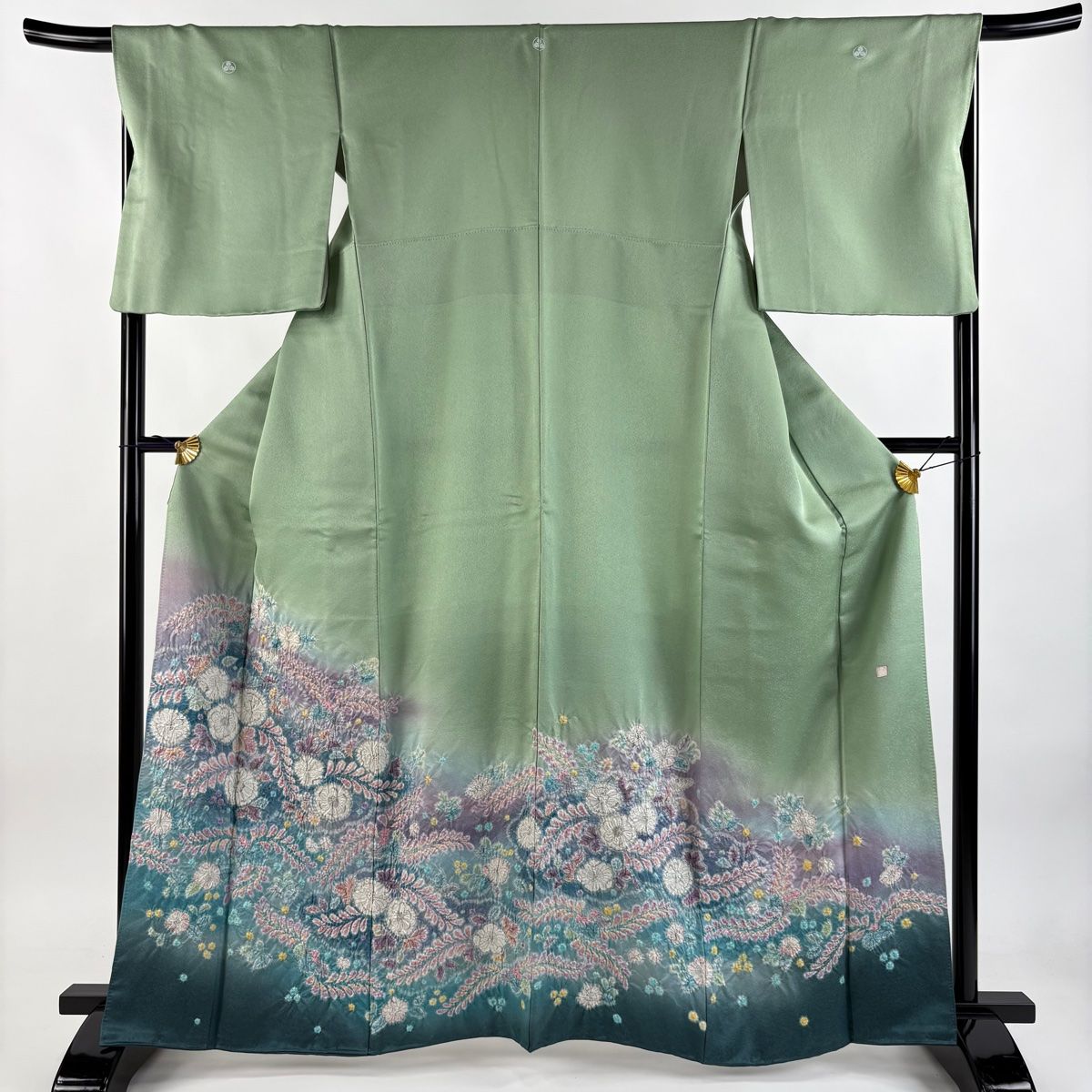 色留袖 身丈163cm 裄丈67.5cm L 袷 落款 辻が花 銀通し 金銀彩 薄緑 正絹 五つ紋