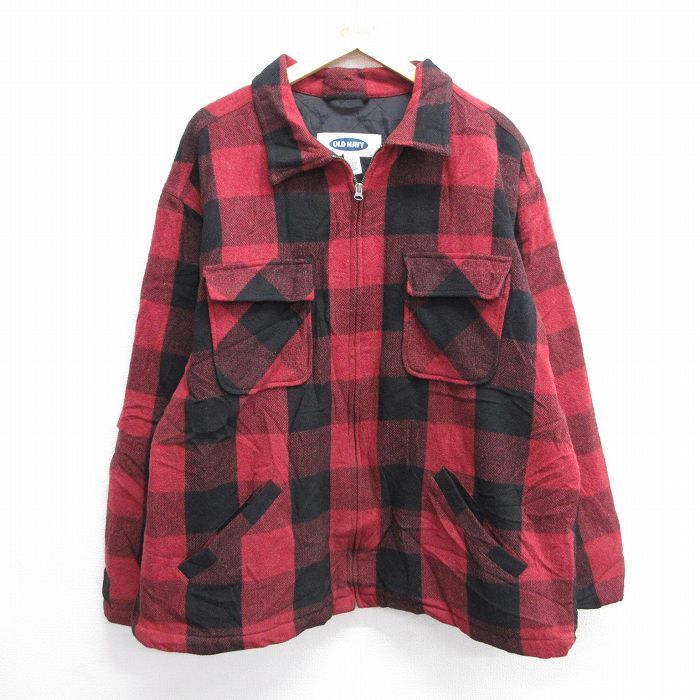 XL/古着 オールドネイビー OLD NAVY 長袖 ウール ジャケット メンズ 00s 赤他 レッド バッファロー チェック 内側キルティング 25feb05 中