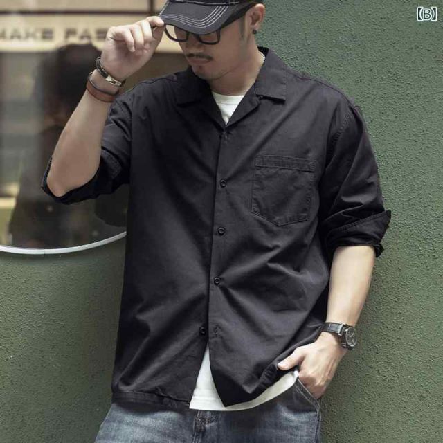 3XL 190-220 メンズ ファッション 服 男性用 オシャレ シンプル 大人 かっこいい 大きいサイズ ストリート 紳士服 アメリカン レトロ 長袖 シャツ キューバ カラー レイ ヤード ソリッドカラー アミ カーキ シャツ トップス ジャケット