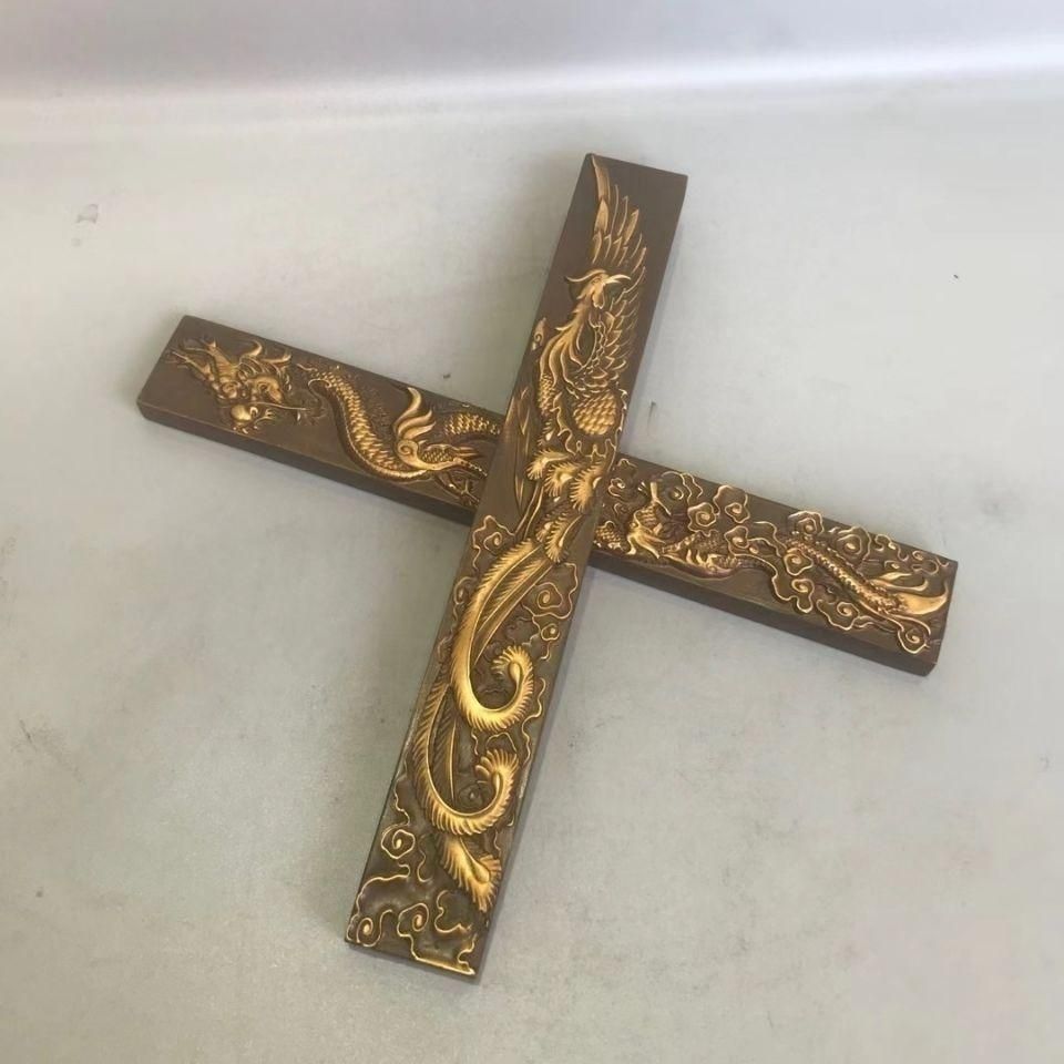 手数料安い 浮彫点金龍鳳呈祥鎮尺 鎮纸 美術品 工芸品 装飾品 文房具 書道具 工芸品