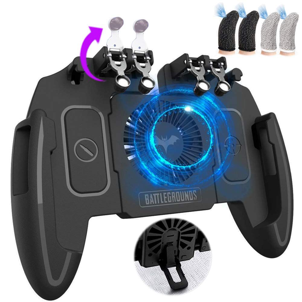 【人気商品】ゲーム対応 iPhone/Android ゲーム体験 クリック感 指サック 一体式 高速射撃 高感度 4枚入り 引き金式 冷却ファン付き 伸縮調節可能 (6本指) 6本指 コントローラー 荒野行動 (1) 【最