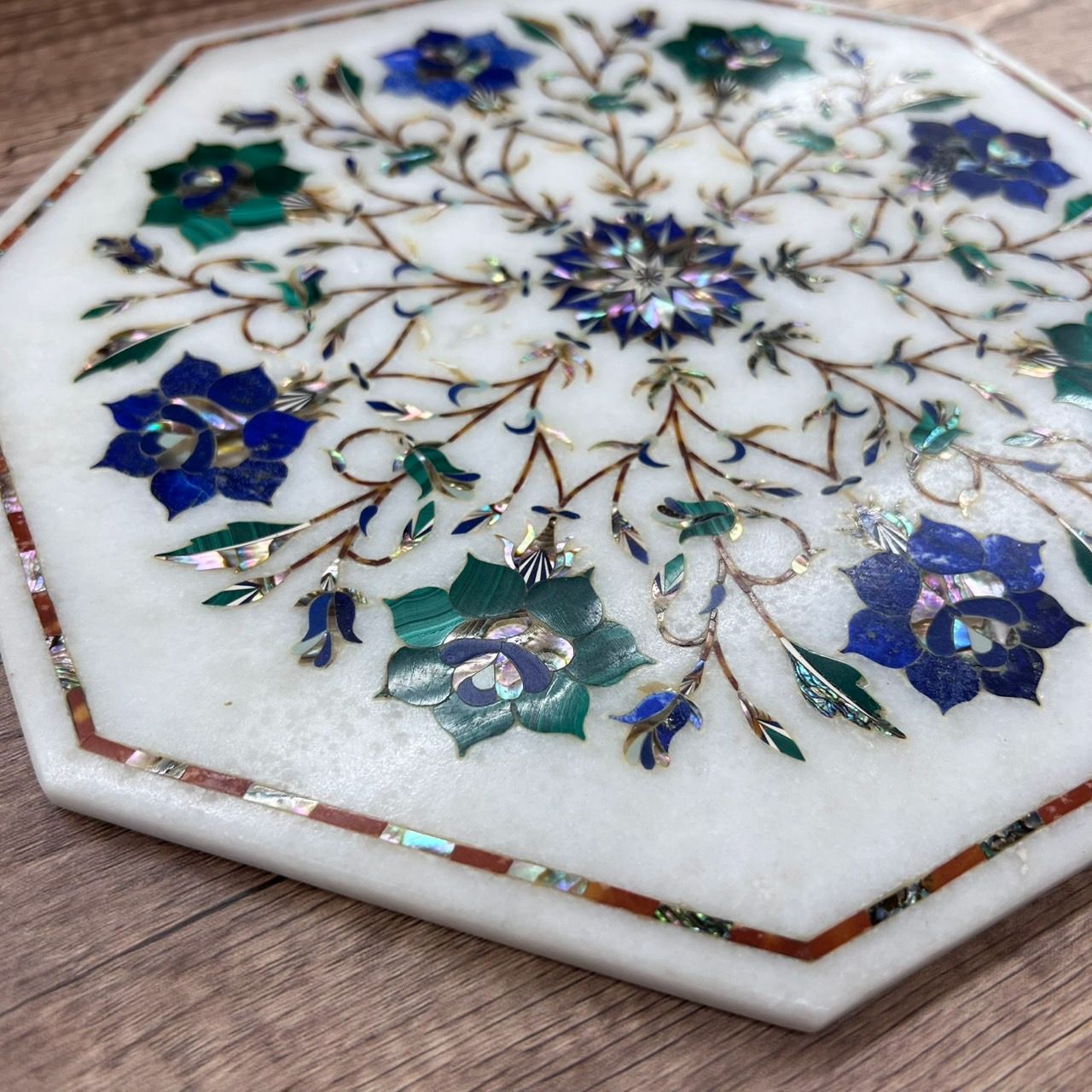 大理石 象嵌細工 インド 工芸 八角形 プレート 螺鈿 寄木細工 大理石