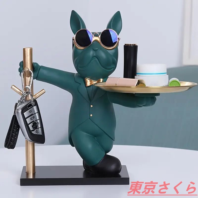 新品フレンチブルドッグ アクセサリートレイ ブルドッグ 置物 犬 物置き 玄関 飾り 収納トレイ 卓上小物入れ 鍵置き インテリア装飾 ギフト グリーン