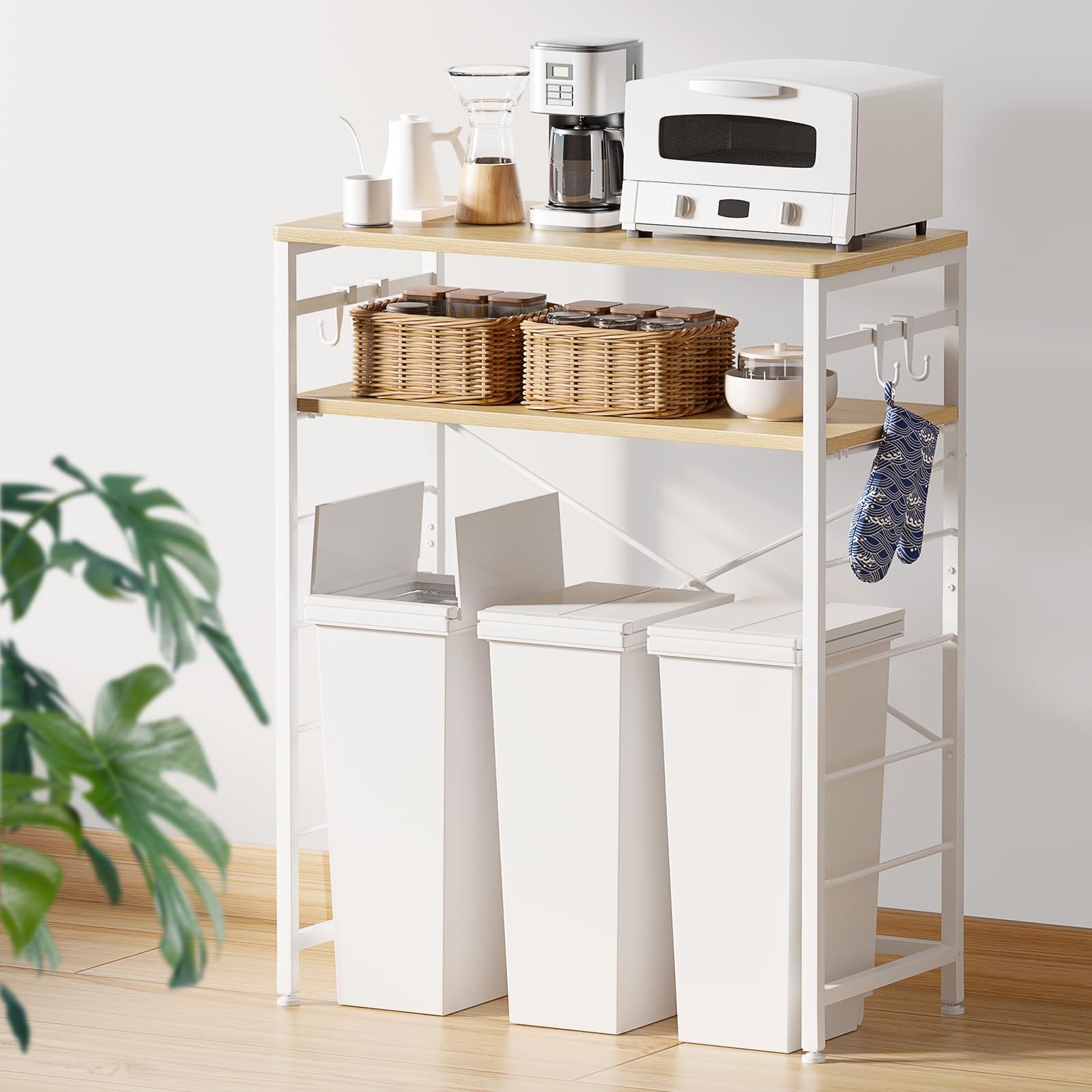 W80×D40×H100cm ゴミ箱上ラック キッチンラック 高さ５段調整 TTWO レンジラック レンジボード 作業台 収納ラック 頑丈 耐荷重70KG オープンラック キッチンカウンター 炊飯器収納 キッチン棚 フック×4個 ナチュラル