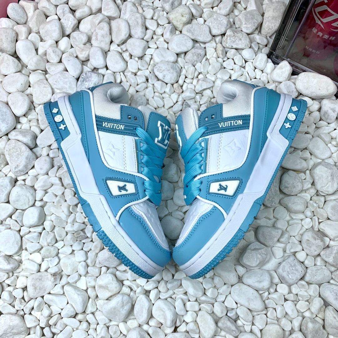 Trainer レザーカジュアルロートップファッションスニーカー青と白｜