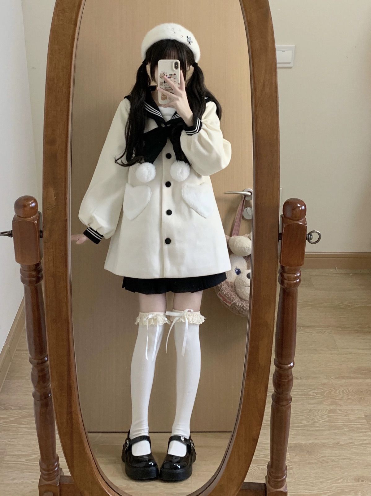 セーラー風ふわコート カーラー アウター サブカル系 ファッション 甘ロリ アウター 服 天使界隈 秋 冬 フード付き
