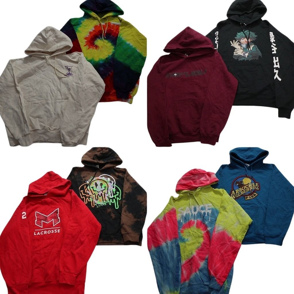 古着卸 まとめ売り カラー パーカー スウェット 8枚セット (メンズ S /M ) タイダイ フーディー ヒロアカ ブラック 英文字 MX2787