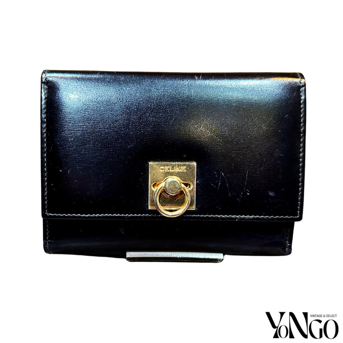 CELINE セリーヌ 三つ折り財布 がま口 ヴィンテージ ロゴ リング 金具 カーフ レザー 本革 三つ折り 財布 ミニ ウォレット ブラック 黒