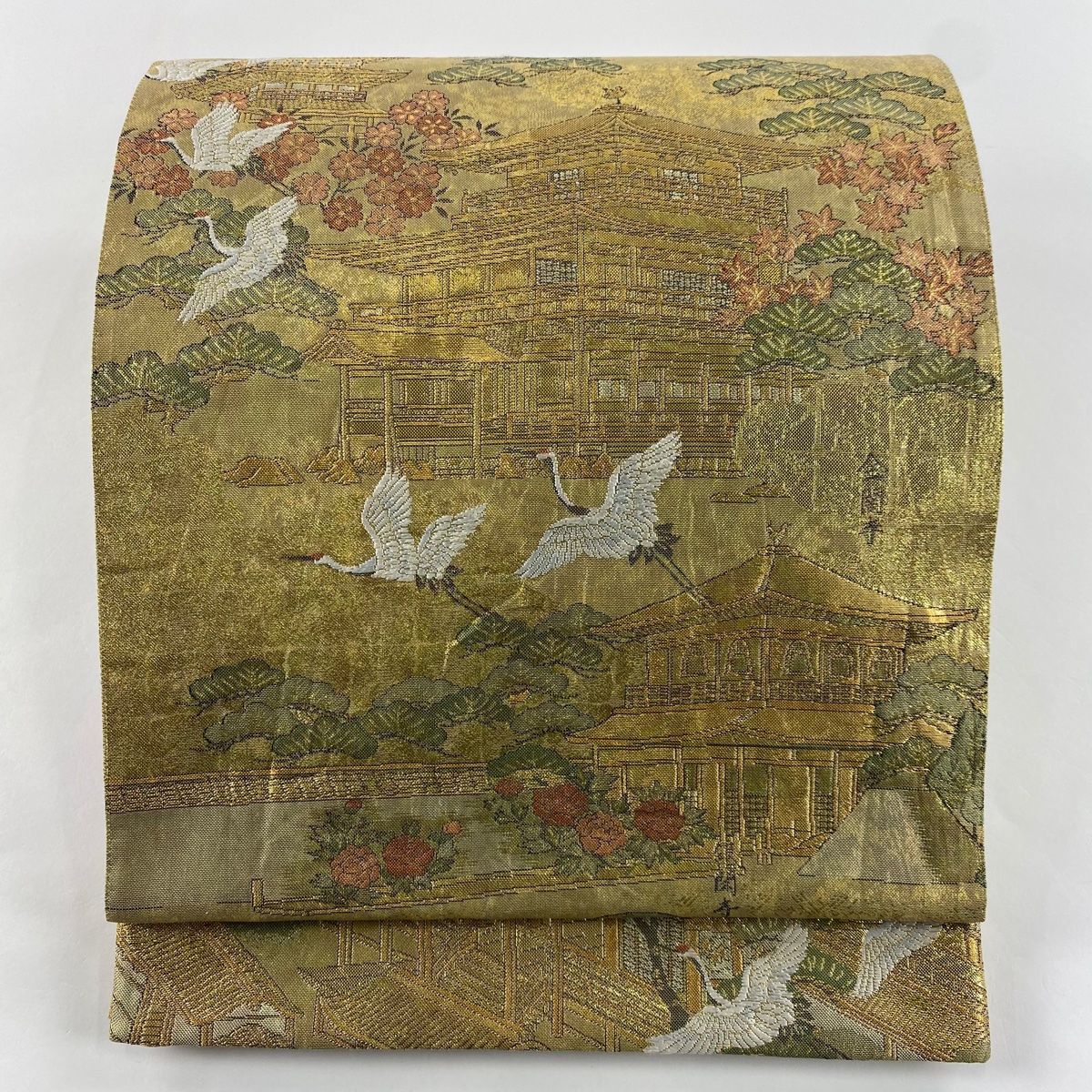 袋帯 美品 名品 建物 鶴 金糸 箔 金色 お太鼓柄 正絹 【】