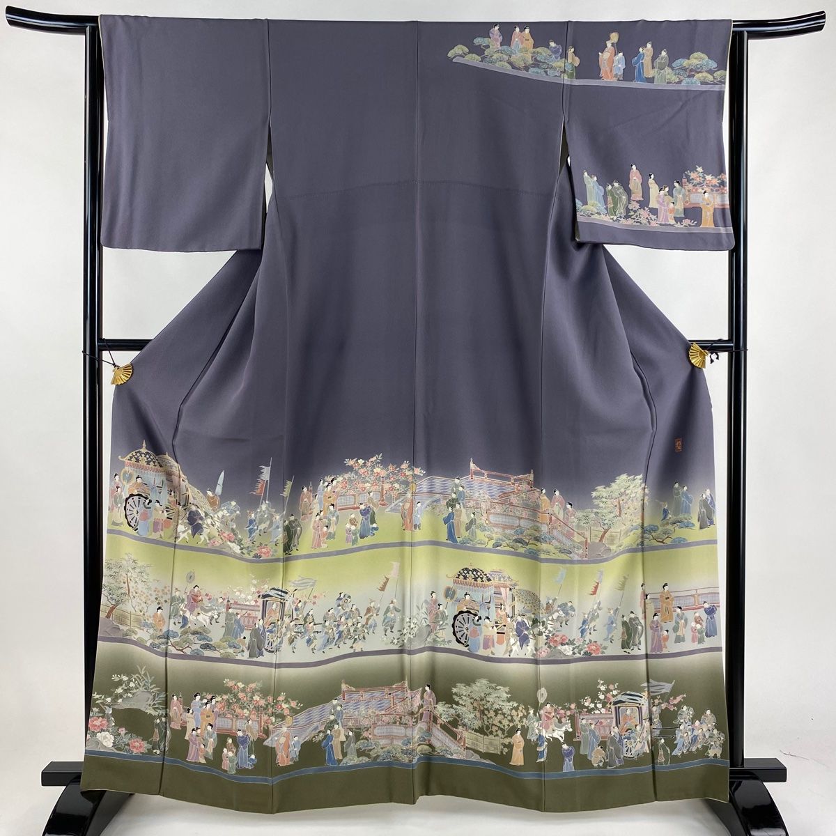 訪問着 身丈163cm 裄丈63.5cm S 袷 田村哲彦 落款 人物 松竹梅 染め分け ぼかし 灰紫 正絹