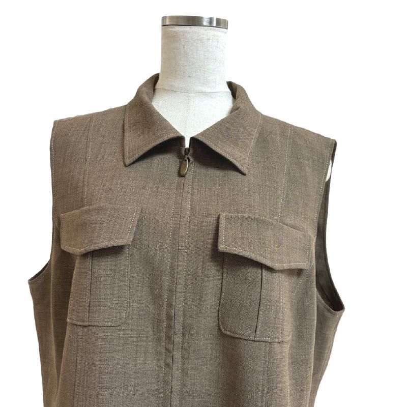 Leilian レリアン ベスト レディース 袖なしジャケット ジップアップベスト ノースリーブジャケット 秋 ベージュブラウン 13号 LL