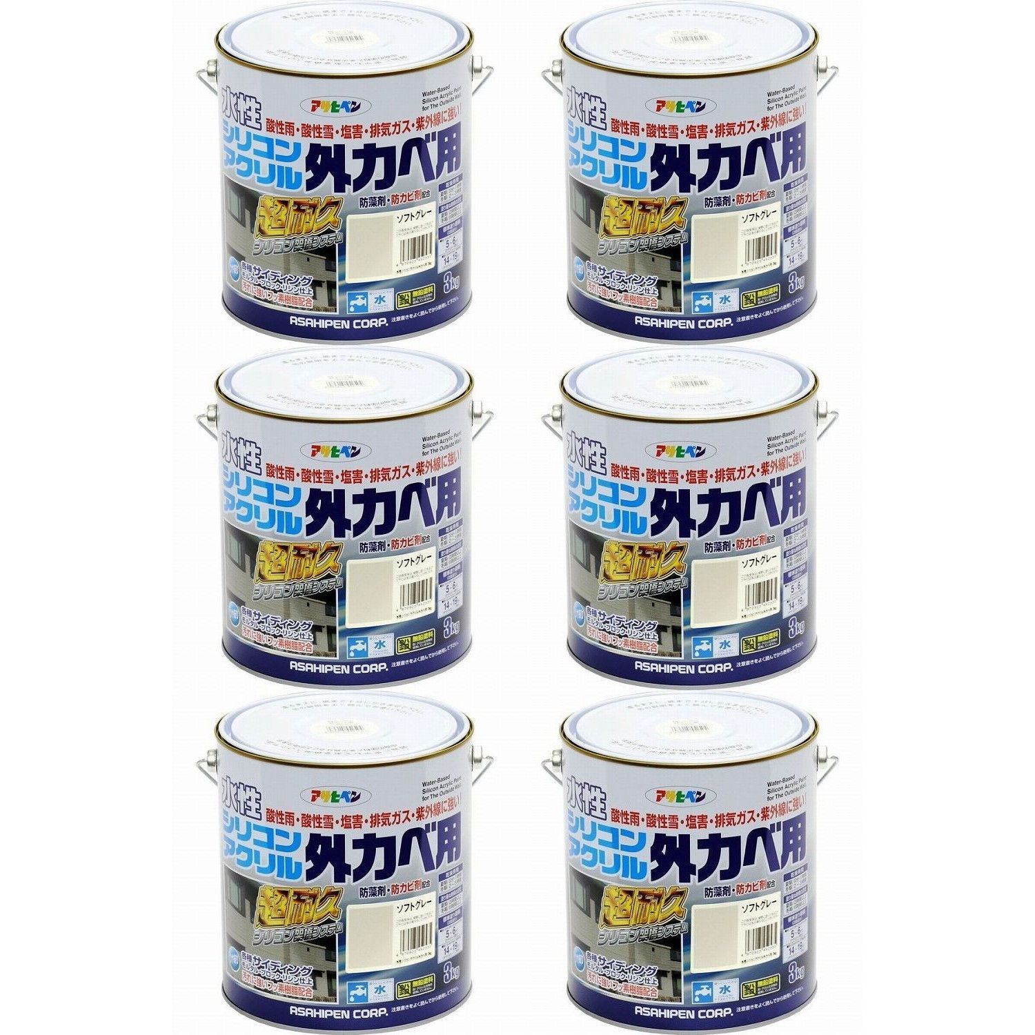 アサヒペン 水性シリコンアクリル外かべ用 ３ＫＧ ソフトグレー 6缶セット【BT-46】 バックティースショップ メルカリ