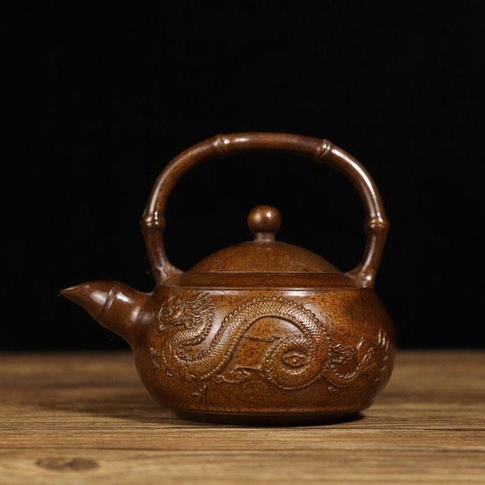 銅細工 龍鳳呈祥泡茶壺 提梁壺 茶道具 装飾品 工芸品 美術品
