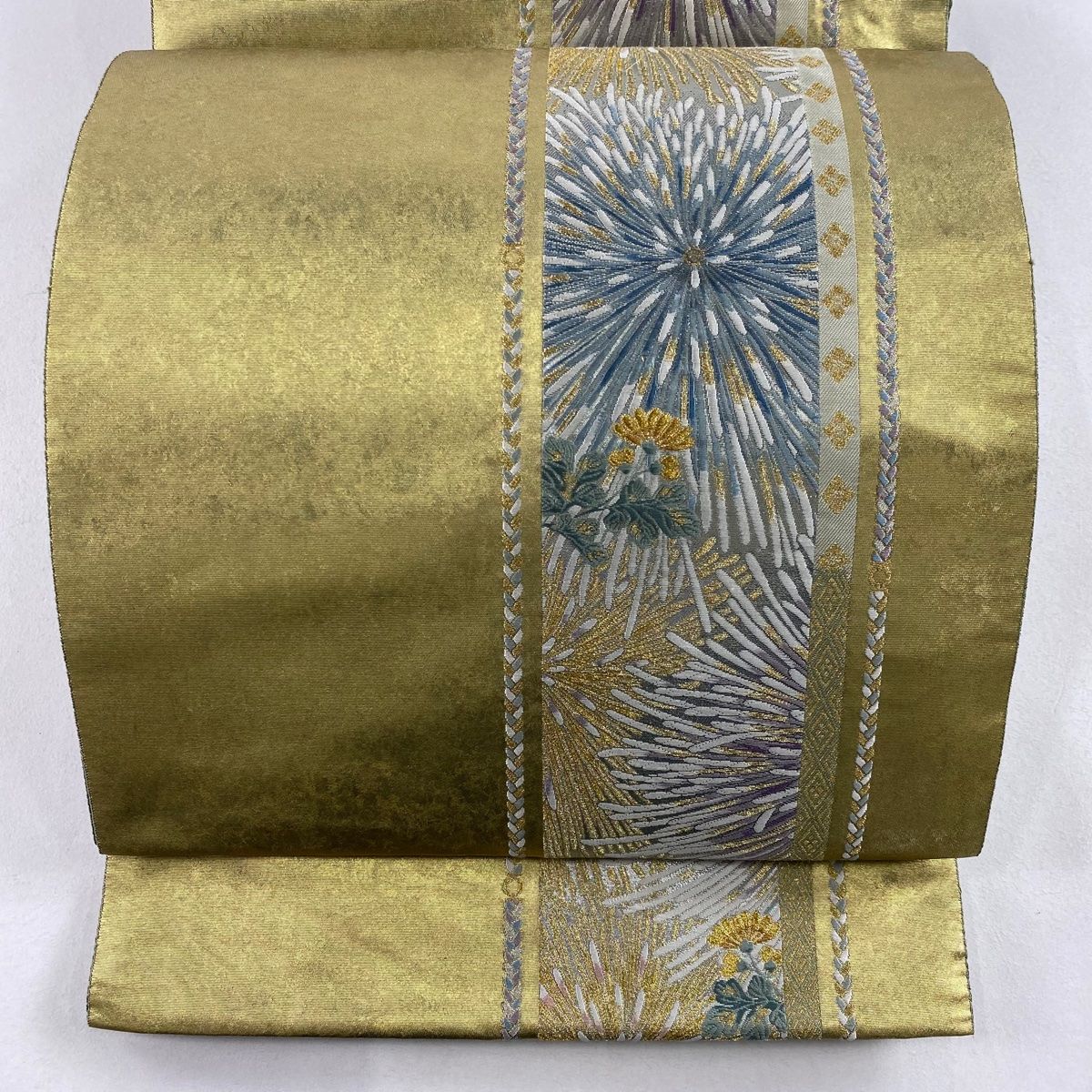 美品　袋帯　正絹　お太鼓柄　金糸　うぐいす　ベージュ　茶　組紐織　縦縞 美品 袋帯 正絹 お太鼓柄 金糸 うぐいす ベージュ 茶 組紐織