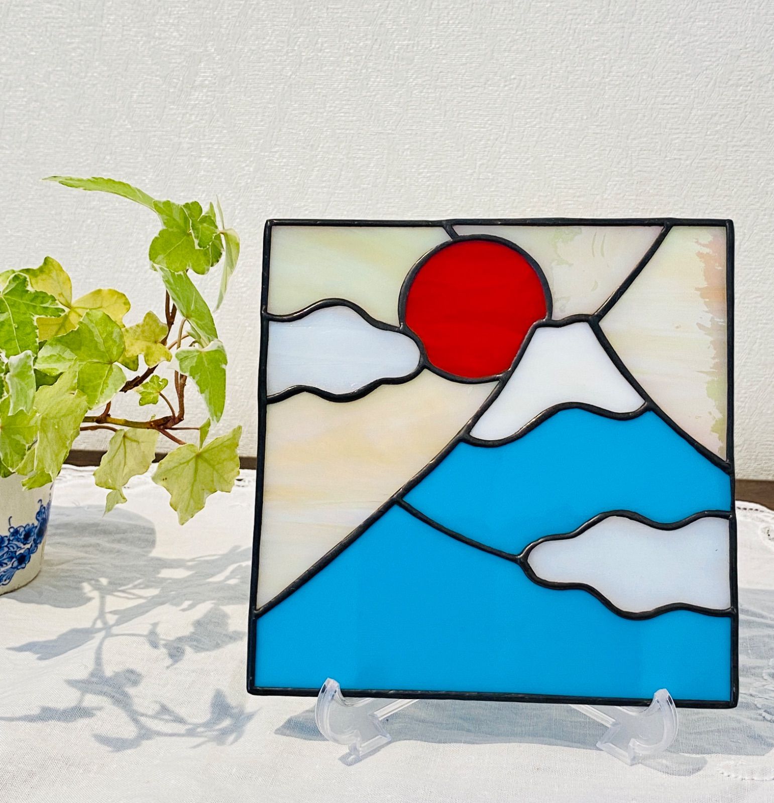 美術品・アンティーク・コレクション春の富士山のステンドグラスパネル 
