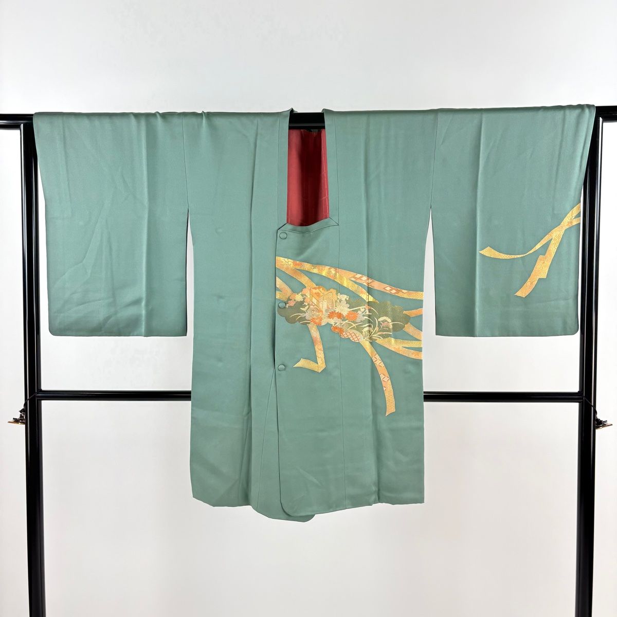 道行 身丈91cm 裄丈68cm L 和装コート 角衿 雲文 御所車 金彩 灰緑 正絹 秀品 WWW_WOWDIGSITE_COM