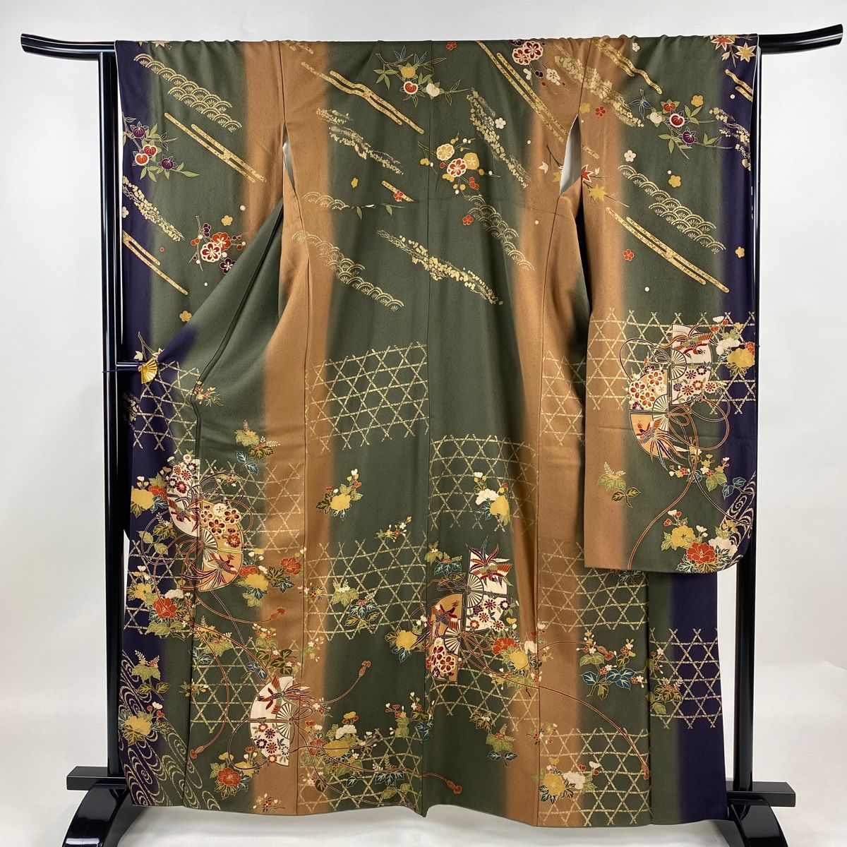 振袖 身丈162cm 裄丈66.5cm M 袷 鈴乃屋 扇 花鳥 金糸 金彩 深緑 正絹 名品