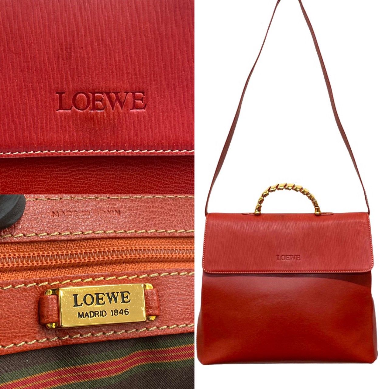 極 美品 保存袋付き LOEWE ロエベ ロゴ ベラスケス ツイスト ハンドル レザー 本革 2way ハンドバッグ ショルダーバッグ レッド  40170