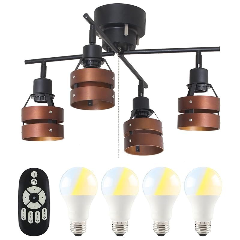 共同照明 シーリングライト 4灯 8畳 シーリングスポットライト 調光 調色 9W LED電球 60W形相当付き GT-DJX-2D-9WT-2 天井照明 リモコン対応 プルスイッチ 北欧 ウッドリング おしゃれ 天然木 ブラウン 0