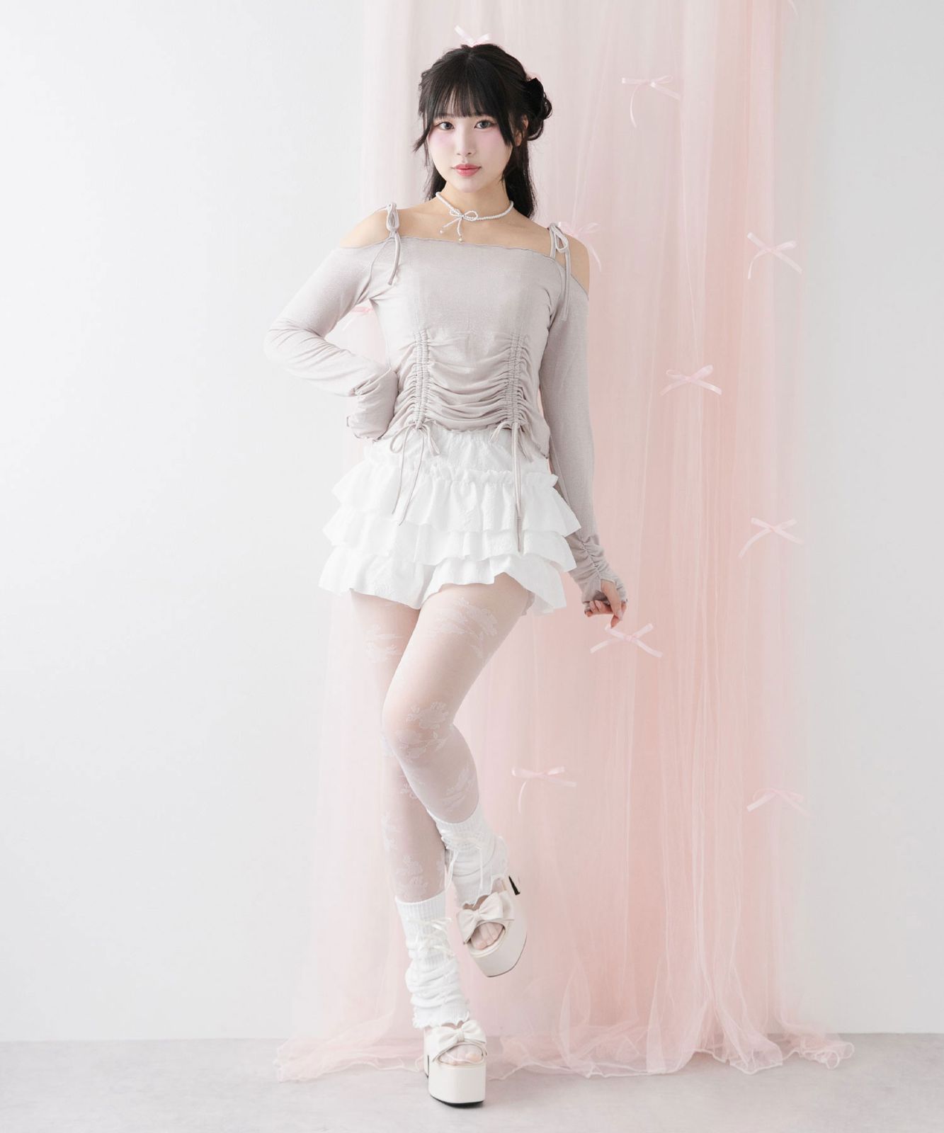 heihei レッグウォーマー リボン ホワイト 夢展望公式 [新品未使用] トリプルリボンレッグウォーマー