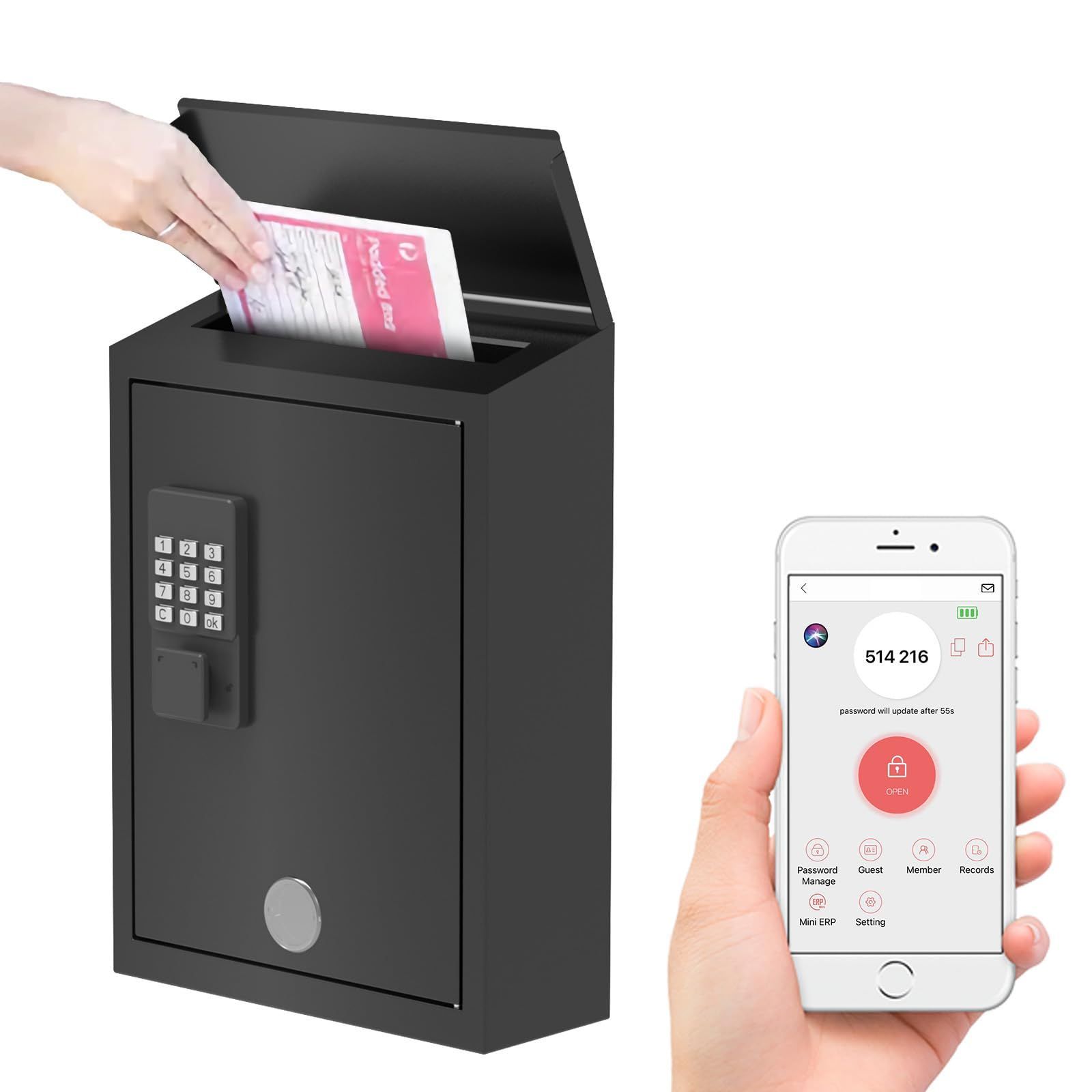 WeHere 電子ロック付き郵便箱 壁掛け式ロックポスト ワンタイムコード|永久コード|スペアキー解除 大容量で手紙を収集 キードロップボックス ブラック 防水 14x4x10インチ