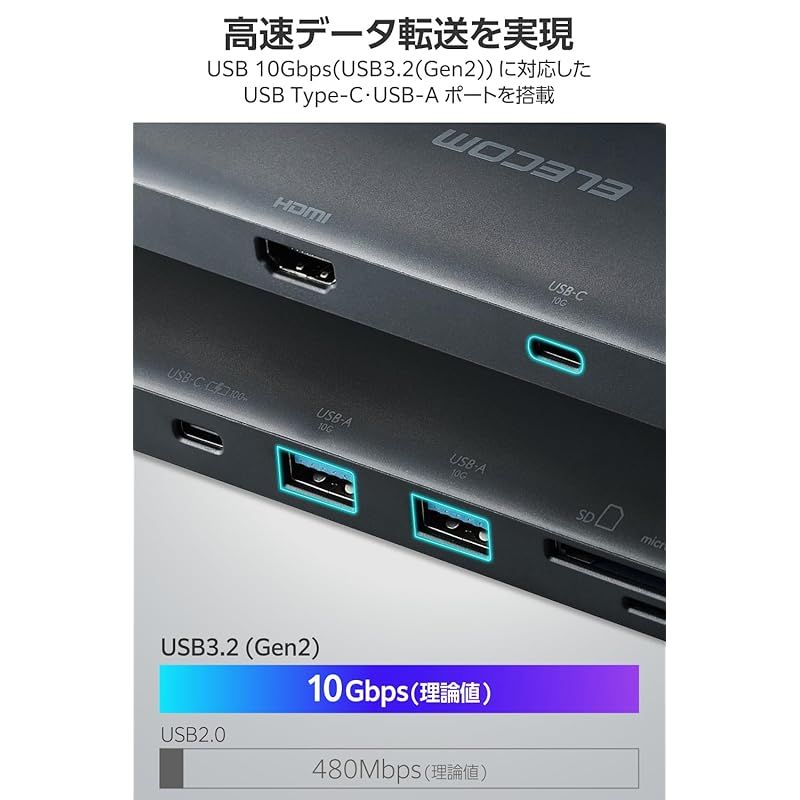 エレコム USB-C ハブ ドッキングステーション 8in1 PD100W HDMI 4K 60Hz対応 USB 10Gbps USB3.2 Gen2 超高速データ転送 ネイビー DST-W10 UP786_INFO