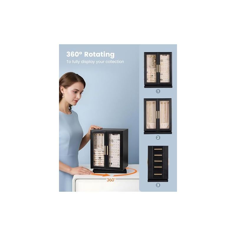 技術 Lolalet ジュエリー整理ボックス 360°回転 オープンデザイン 5段引き出し付き縦型ジュエリー収納ケース 女性用 -ブラック 1