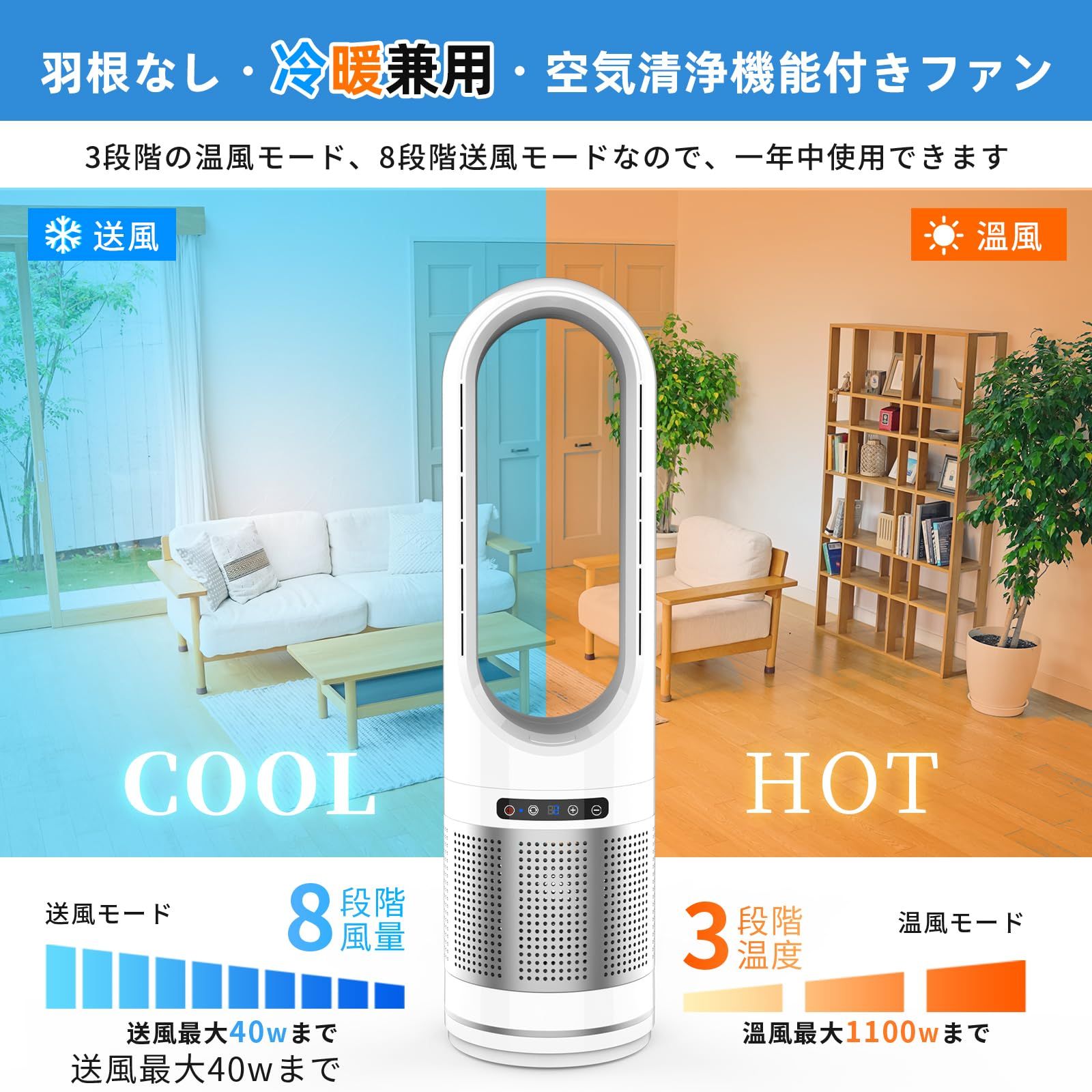 2025最新空気浄化 羽無し 冷暖兼用 タワーファン リビング扇風機 羽なし空気清浄機 セラミックファンヒーター 温風 冷風 冷暖房 サーキュレーター 羽根なし扇風機 DCモーター 8段階送風 3段階暖風 大風量 100°左右首振り 8 H切タイマー HEPA