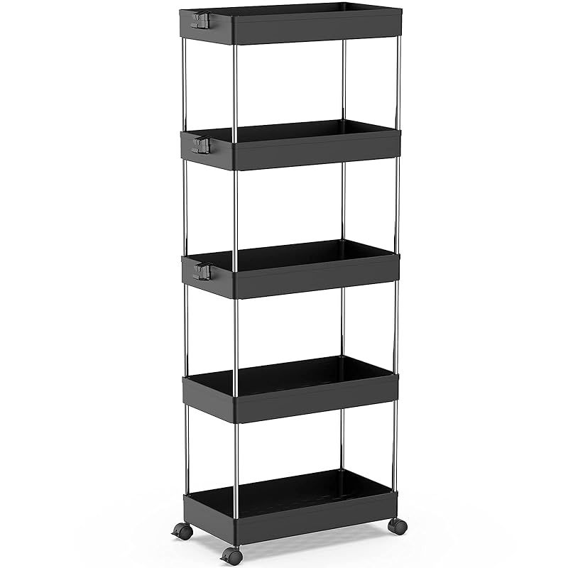 SPACEKEEPER キッチンワゴン スリム 隙間収納 13cm 収納ラック キャスター付き 収納カート ローリングラック おしゃれ 調味料 食品 ペットボトル 小物 台所 洗面所 冷蔵庫横 5段 ビッグ ブラック 0