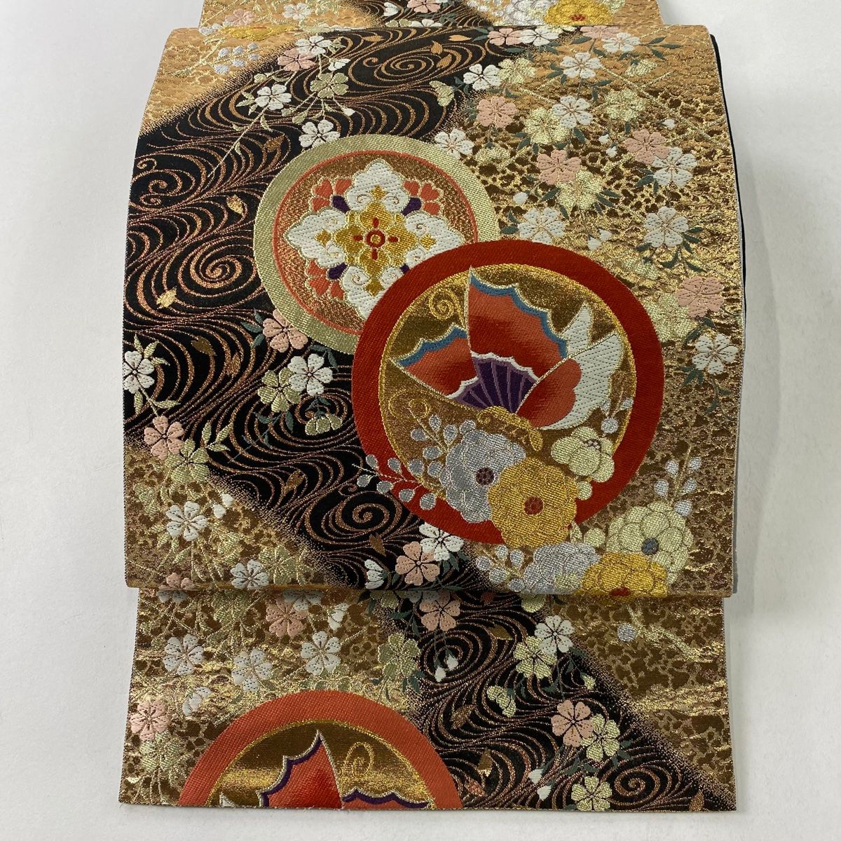 袋帯 桜の花柄模様 金銀糸 黒色 ガード加工 O-4870 袋帯 桜の花柄模様 金銀糸 黒色 ガード加工 O-4870