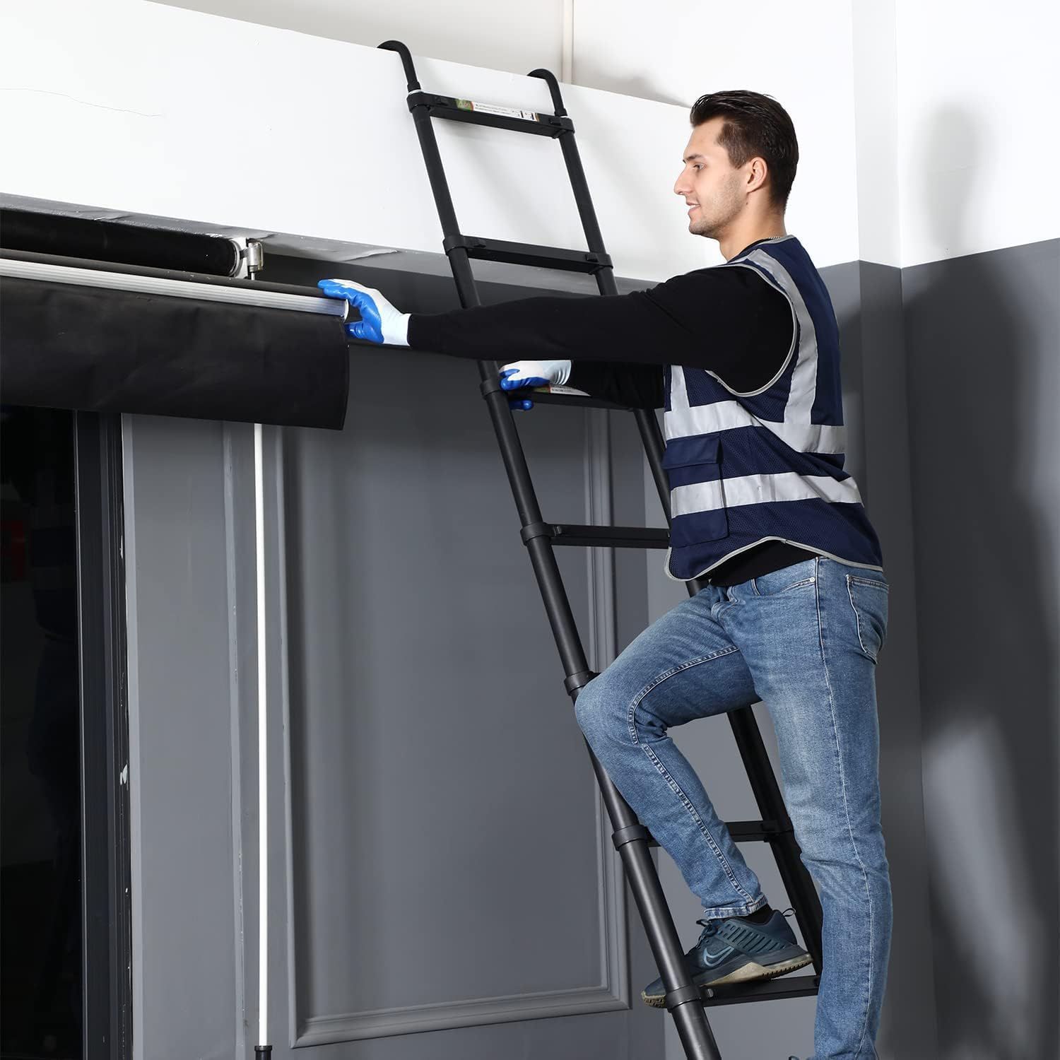 フック付きブラック.6.2ｍ 伸縮はしご 耐荷重150kg 軽量 持ち運びやすい 折り畳み 伸縮梯子 多機能アルミはしご 自動ロック スライド式 伸縮自在 梯子 室内室外両用 スライド式