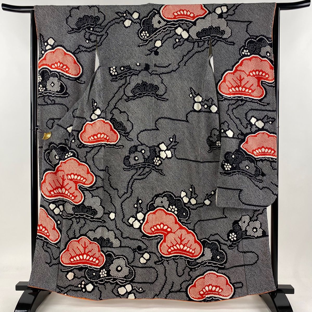 振袖 身丈161cm 裄丈64cm M 袷 笠松 総絞り 黒 正絹 秀品 【中古  